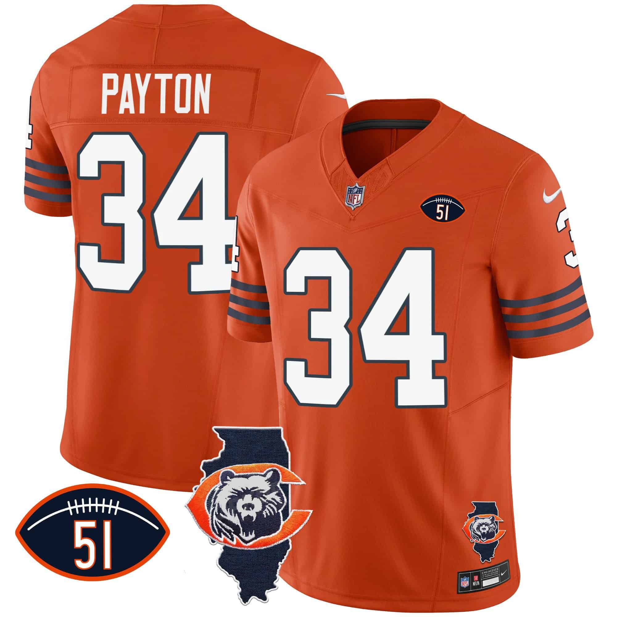 Men Chicago Bears #34 Payton Orange 2024 Nike Throwback Illinois Patch Vapor NFL Jersey